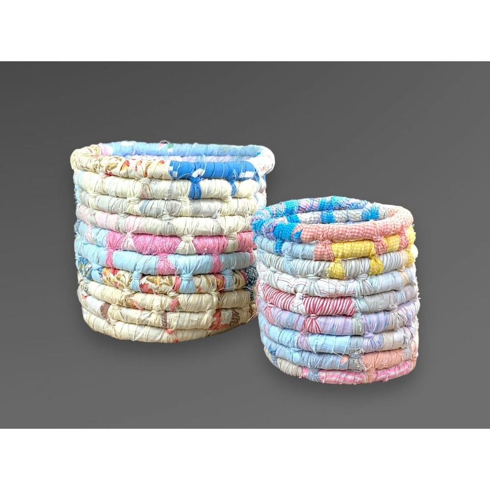 Fabric Coil Rag Baskets Set 2 1980s‎ Cottagecore Nesting